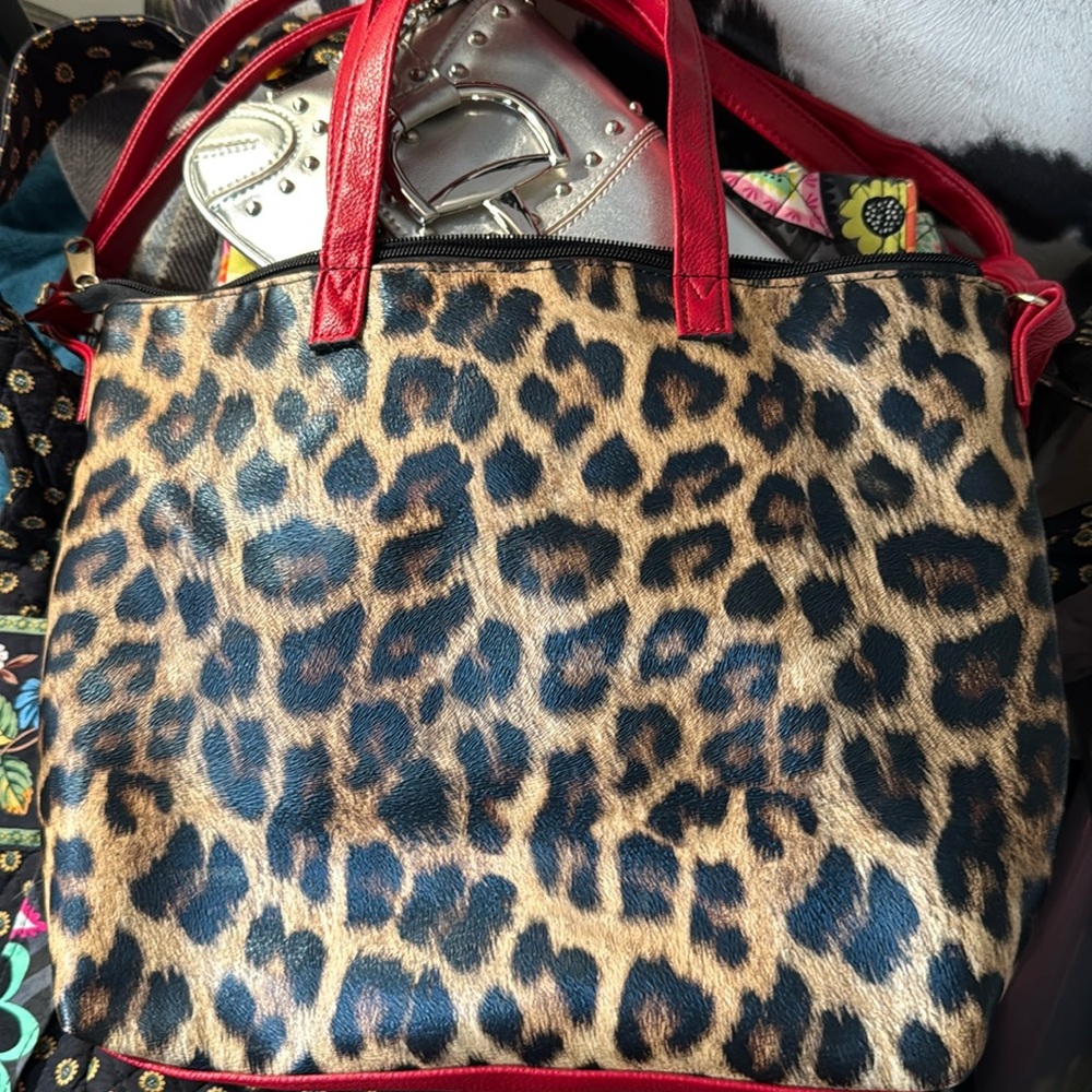 Leopard Print Tote Bag with Red Accents